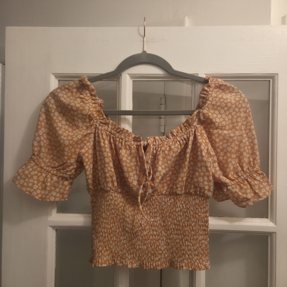 Sage The Label Tangerine Floral Ruffle Blouse With Smocked Waist